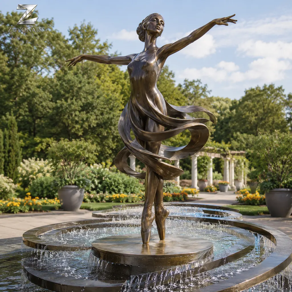 A dancer-like figure is paired with a spreading skirt-shaped water effect.