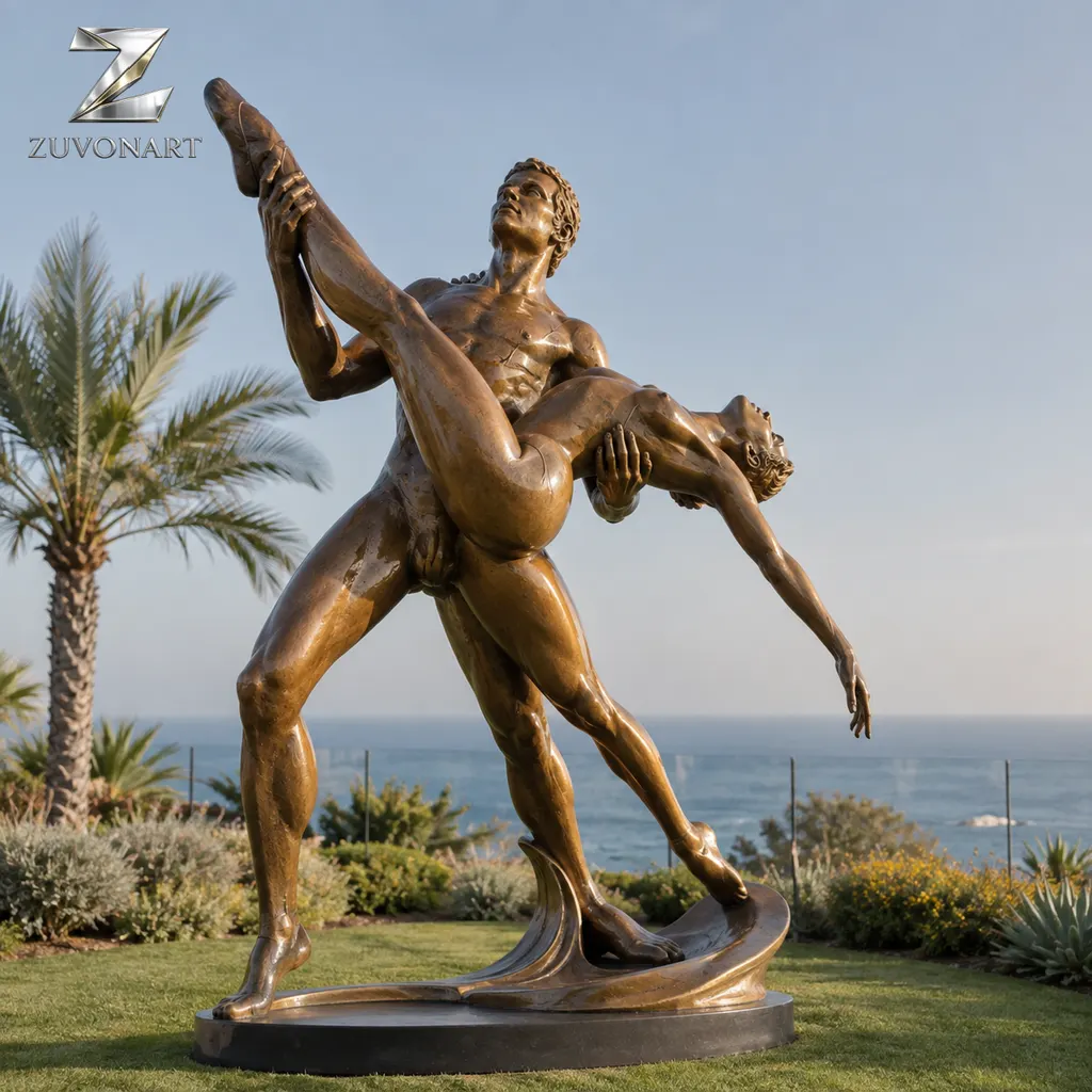Two dancers form an elevated partnered pose with extended limbs.