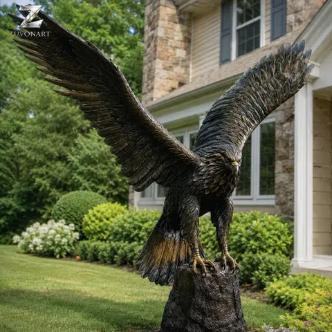An eagle opens its wings above a rock-like support in a takeoff gesture.