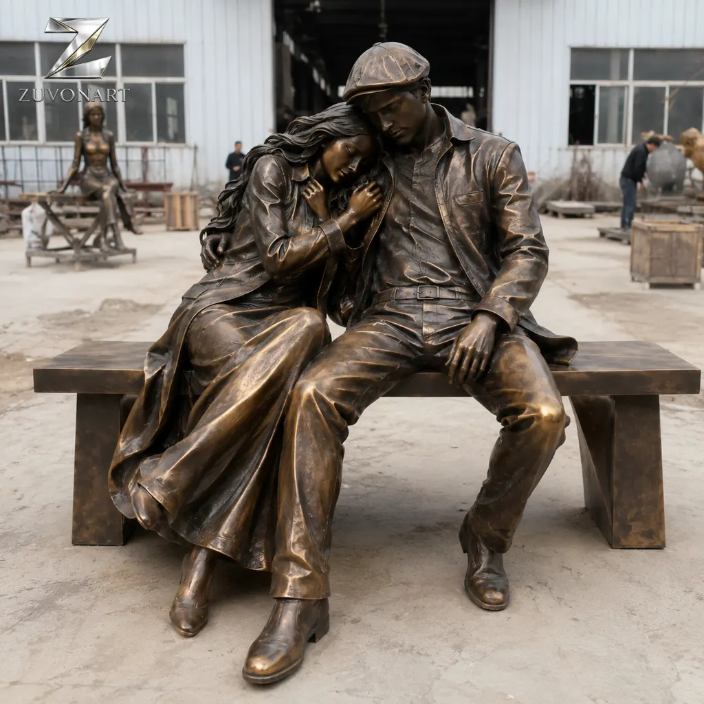 Two seated elderly figures share a bench in a quiet conversational grouping.