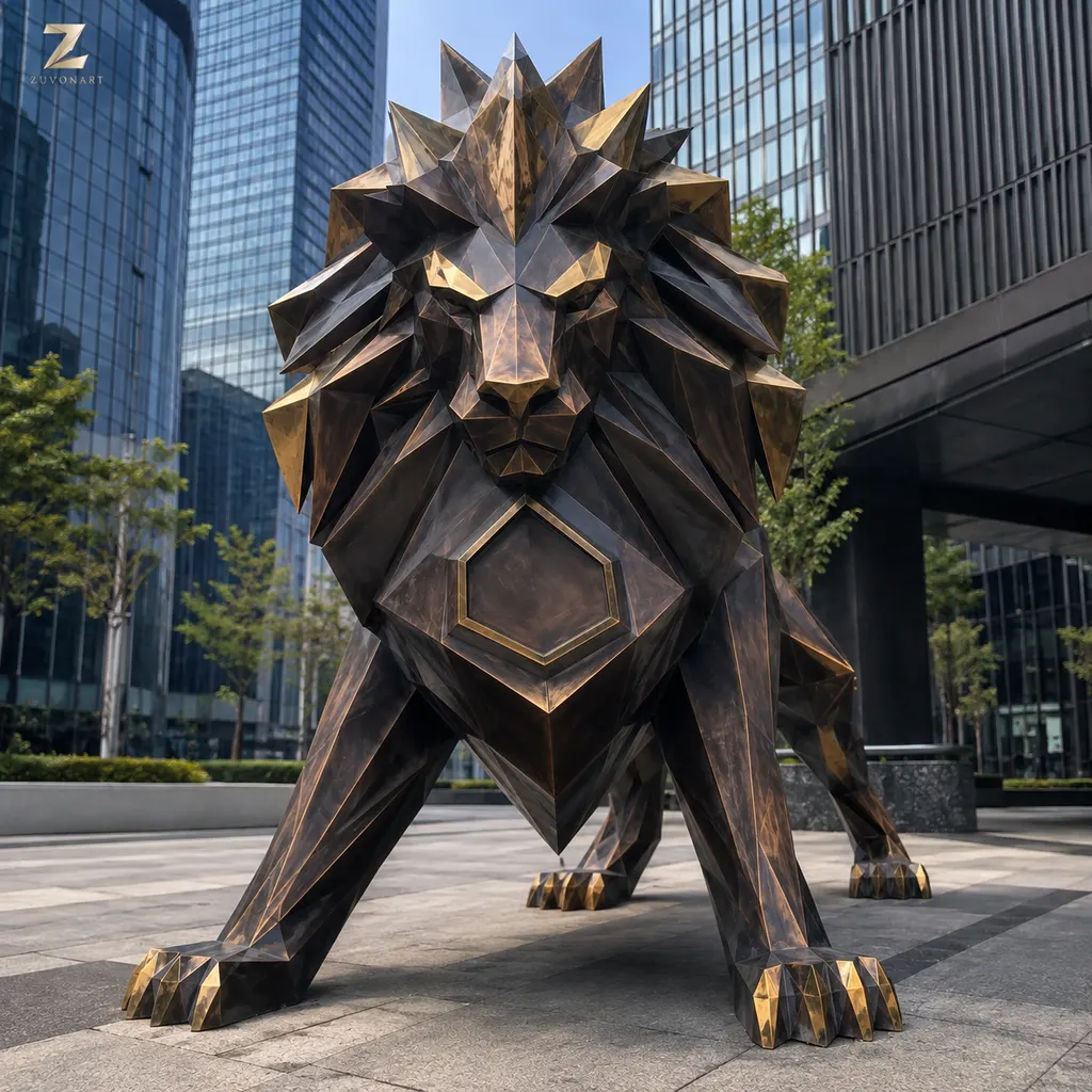 A standing lion is described by angular planes rather than naturalistic surface detail.