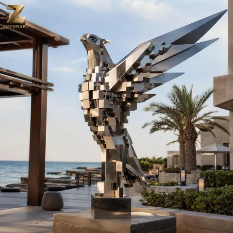 An eagle spreads angular, faceted wings across a broad horizontal span.