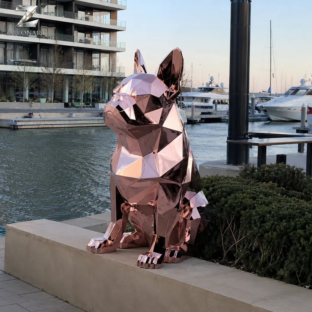 A compact French bulldog silhouette is rendered in crisp reflective facets.