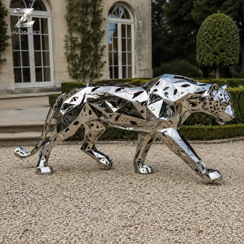 A low, elongated leopard silhouette is expressed through reflective angular facets.
