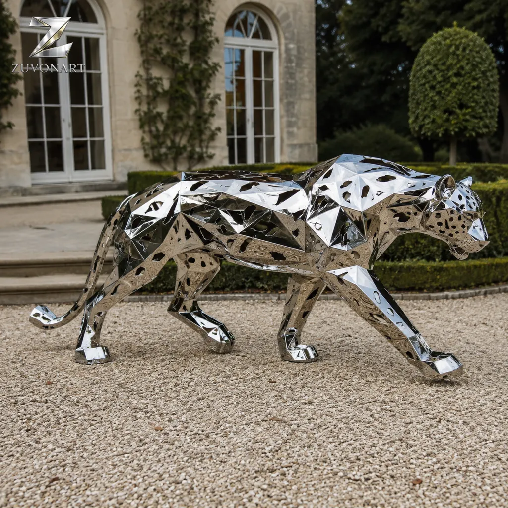 A low, elongated leopard silhouette is expressed through reflective angular facets.