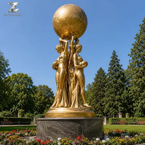 Three stylized figures appear to support a contrasting golden globe.