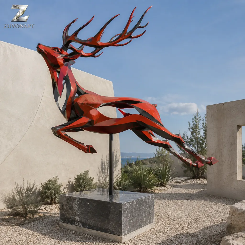Angular red planes describe a deer in an extended leaping pose.