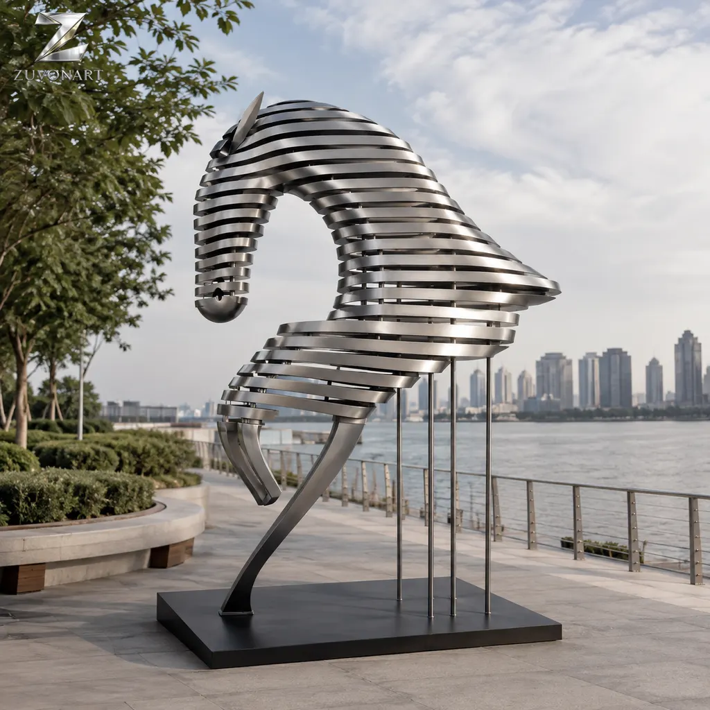 A horse head is assembled visually from a sequence of horizontal metal layers.