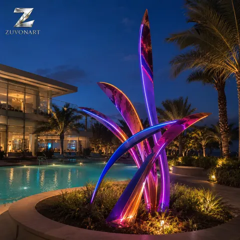 A cluster of tall, colorful leaf-like panels forms a luminous botanical composition.