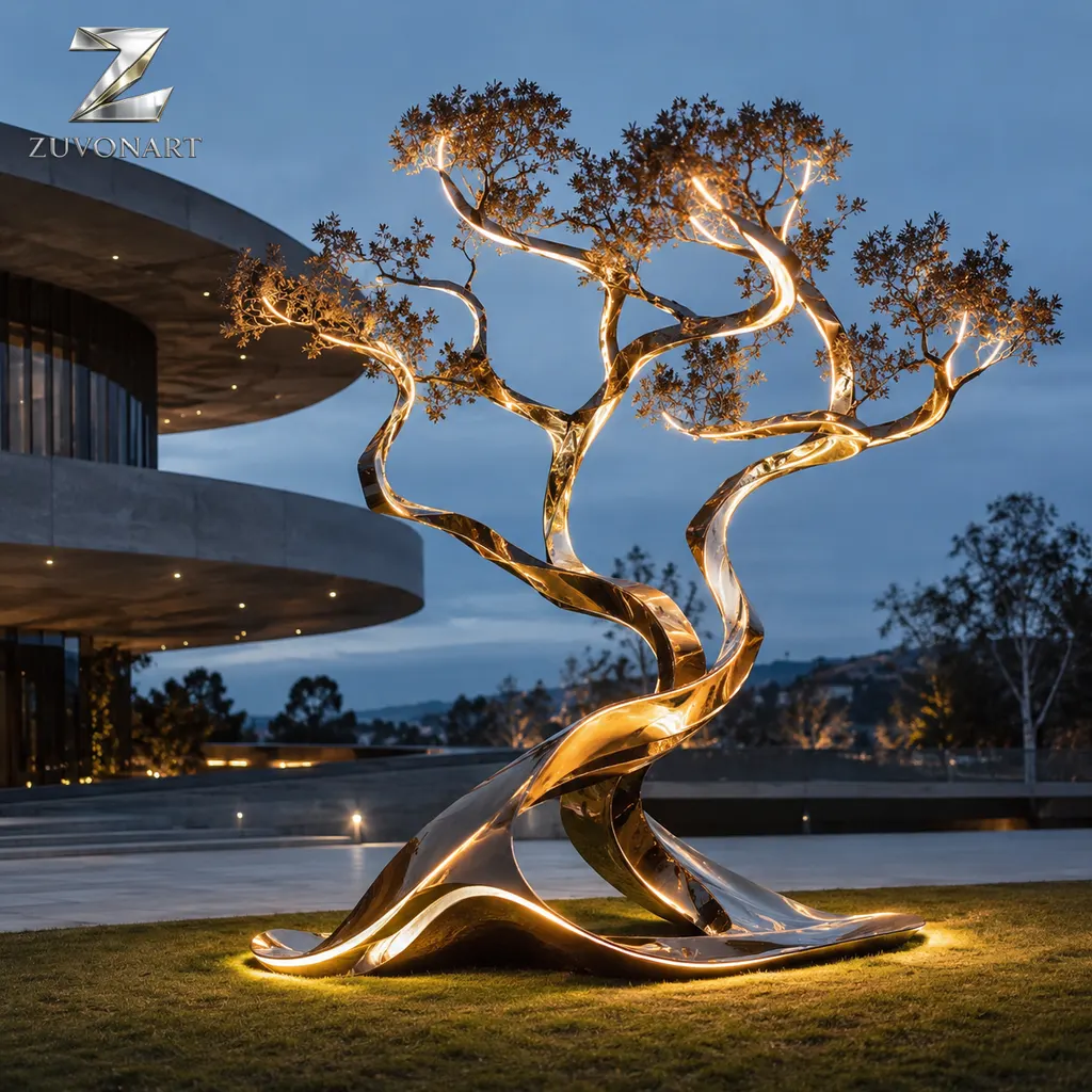 A golden branching tree-like sculpture spreads a luminous canopy above a single trunk.