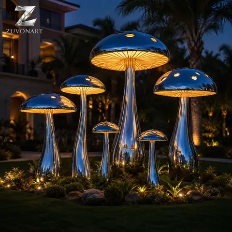 Oversized mushroom-like caps rise on stems of different heights.