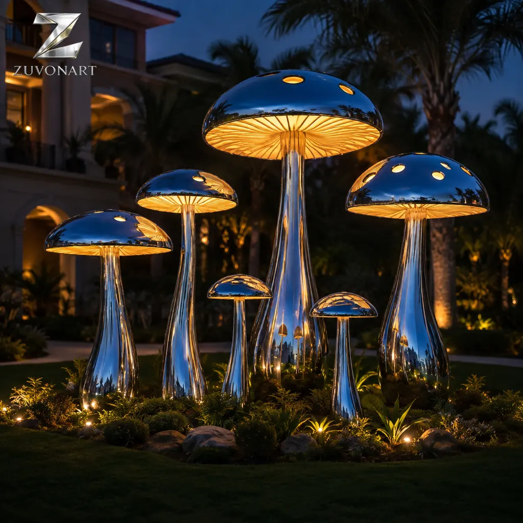 Oversized mushroom-like caps rise on stems of different heights.
