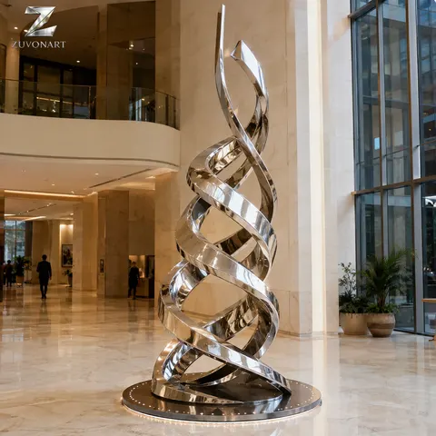 Two reflective ribbons spiral upward around an open central axis.