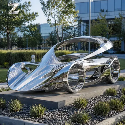 A reflective ribbon folds into a low organic form with seat-like openings.