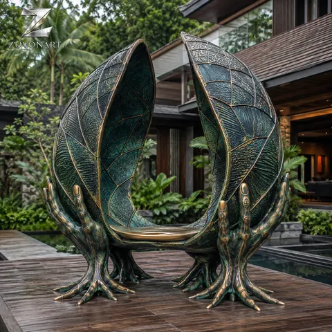 Two curving leaf-like shells meet in a low, seat-shaped sculptural composition.