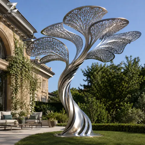 Fan-shaped perforated leaves spread from a sculptural branching trunk.