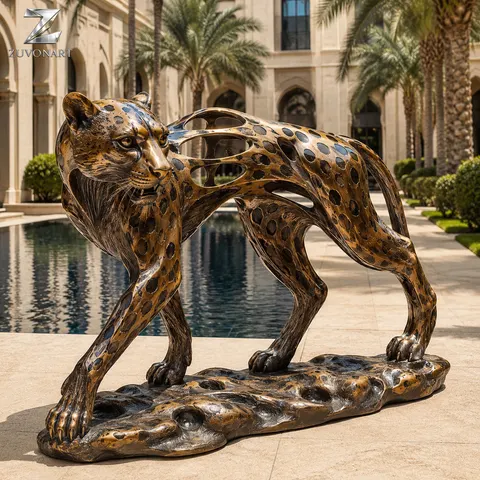 A poised leopard silhouette is interrupted by a decorative perforated surface.