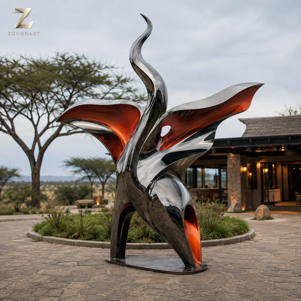 Upward-sweeping forms combine a bird-like silhouette with the movement of flame.