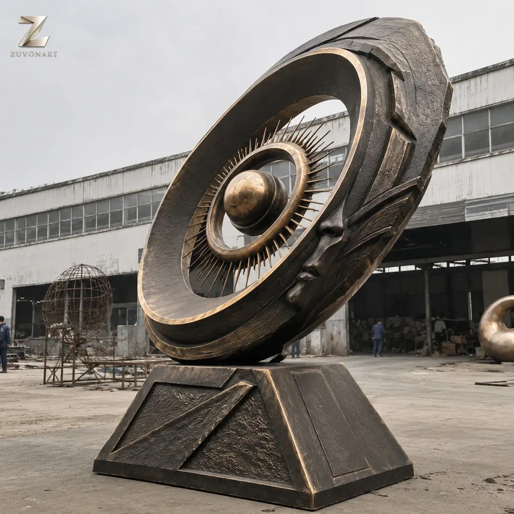 A circular eye-like disc is built from radiating curved segments on a low support.