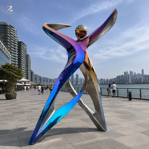An abstract human-like figure extends upward in a broad, colorful V-shaped gesture.