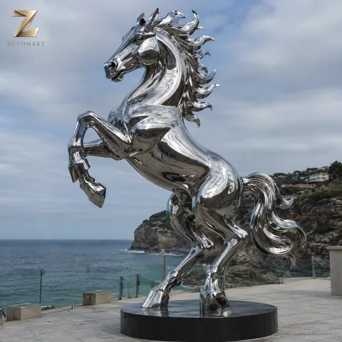 Flowing metal-strip forms describe a horse rising onto its hind legs.