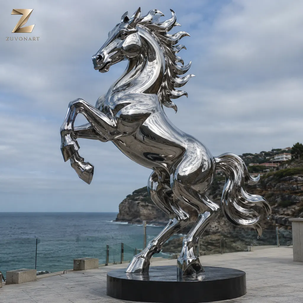 Flowing metal-strip forms describe a horse rising onto its hind legs.