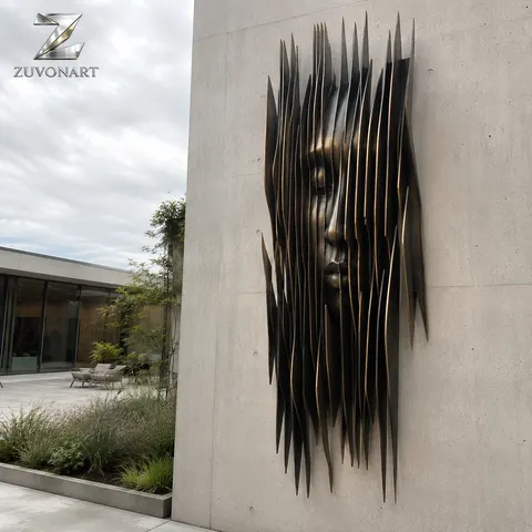 Parallel slats form a rippling wall composition around a circular center.