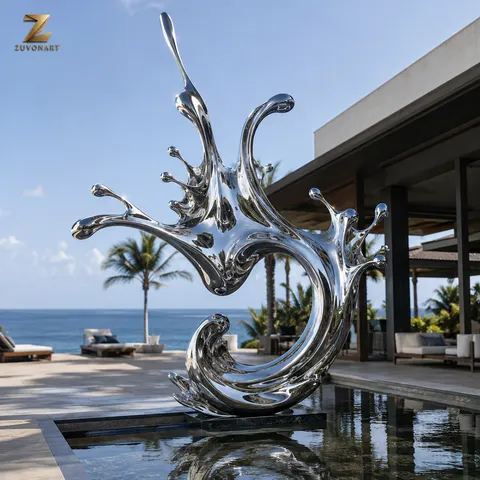 A reflective droplet rises from a spreading splash-shaped sculptural base.