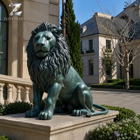 A seated lion presents a naturalistic mane with a green patina direction.