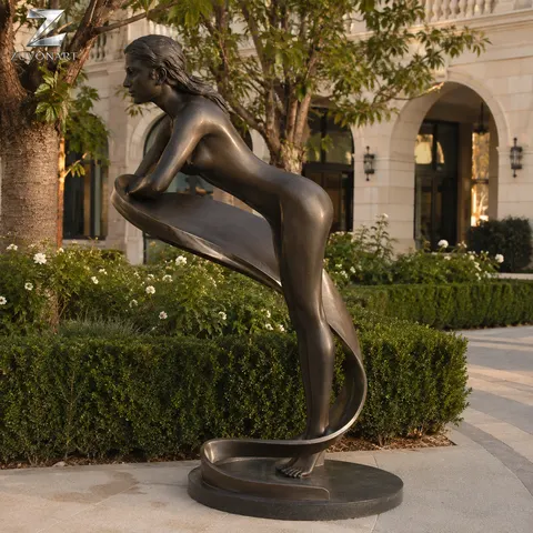 A seated woman and curved ribbon-like support form a unified figurative composition.
