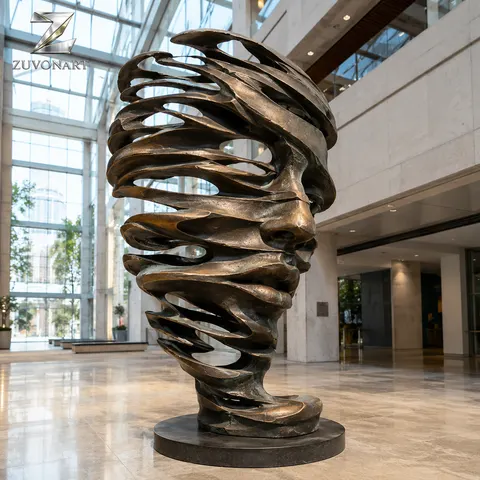 Horizontal ribbon-like layers stack into a twisting vertical tower.