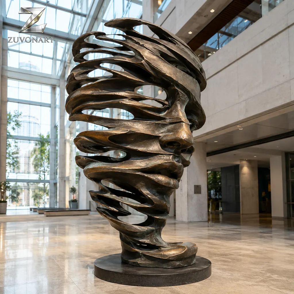 Horizontal ribbon-like layers stack into a twisting vertical tower.